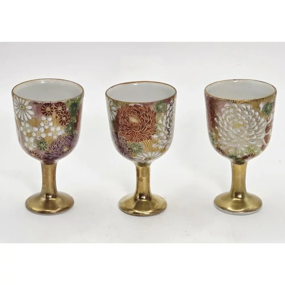 Kutani Ware Tokkuri Cup Set Hanazume Design Japanese Porcelain Saki Wine Sake